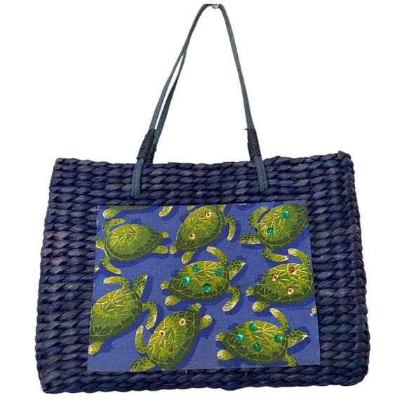 SUN & 'N SAND Tote Woven Bag Purse Wicker Beach Blue Sea Turtle Fabric Accent - Picture 1 of 7